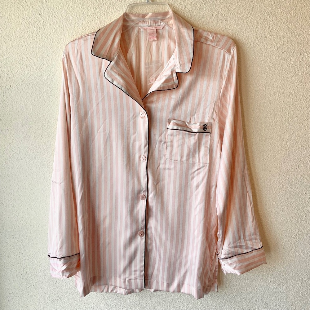 NEW! Victorias Secret Pink Striped Satin Pajama Long Sleeved Button Top Size SM